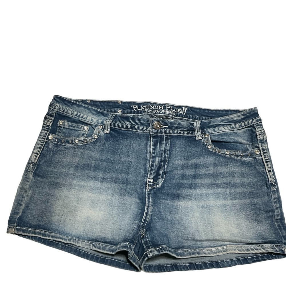 PLATINUM PLUSH Angel Wing Rhinestone Biker Denim Shorts Size 2X
